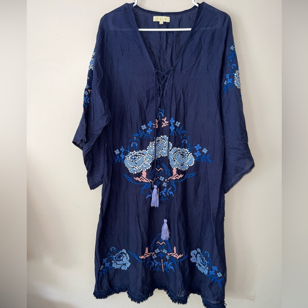 Ruby Yaya Womens Kaftan Dress Embellished Embroidered Blue Pink Size Medium